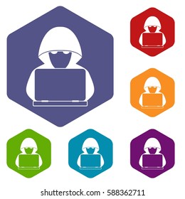 Computer hacker with laptop icons set rhombus in different colors isolated on white background