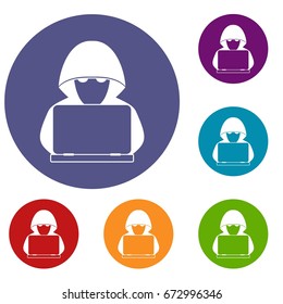 Computer hacker with laptop icons set in flat circle reb, blue and green color for web