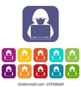 Computer hacker with laptop icons set vector illustration in flat style In colors red, blue, green and other