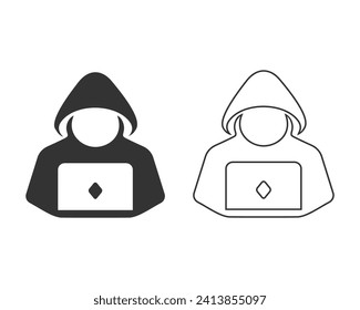 Computer hacker with laptop line icon set, Spy agent searching sign, symbol, logo, illustration, editable stroke, flat design style isolated