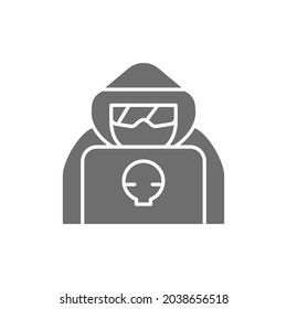 Computer hacker with laptop, spy agent grey icon.