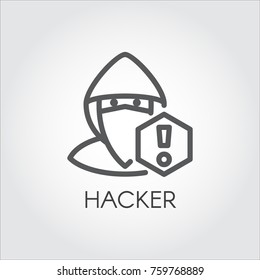 Computer Hacker Line Icon. Abstract Figure Of Man In Mask And Exclamation Mark Contour Pictograph. Criminal Cyber Hacking. Illegal Anonymous Activity, Virtual Attack Concept. Vector Illustration