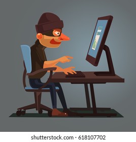 Computer Hacker Man Character Trying Hack The System. Identity Thief. Vector Flat Cartoon Illustration