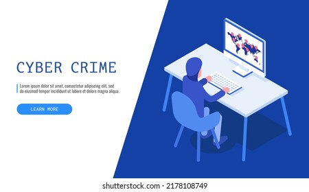 Computer hacker man trying hack the system. Web banner, hacker attack concept. Vector illustration.