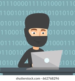 Computer hacker in mask working on a laptop on the background of binary code. Hacker using laptop to steal data and personal identity information. Vector flat design illustration. Square layout.