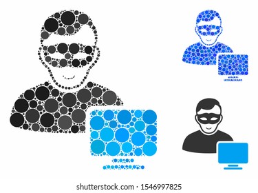 Computer hacker mosaic of filled circles in variable sizes and color tints, based on computer hacker icon. Vector filled circles are united into blue collage.