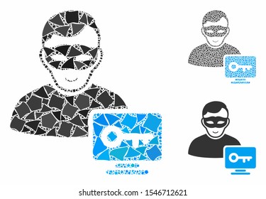 Computer hacker mosaic of ragged elements in variable sizes and shades, based on computer hacker icon. Vector tremulant elements are grouped into collage.