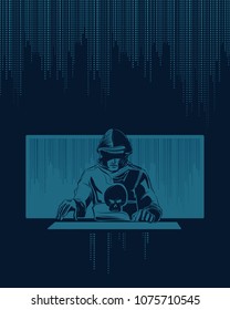 Computer hacker in the shadow with hoodie stealing data on dark background with code falling down the screen