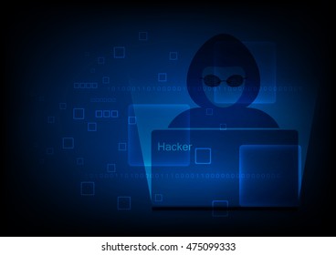 Computer hacker silhouette of hooded man with binary data and network security terms vector illustration,
