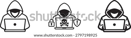 Computer hacker and spy agent icon with laptop. Editable stroke vector symbol in flat design style.