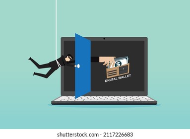 Computer Hacker Stealing Money Online, Crime With Burglar Cracking Internet, Thief Grabing Wallet, Computer Hacker, Vector Illustration Design Concept In Flat Style