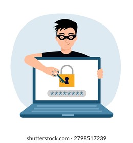 Computer hacker stealing money online, crime thief cracking internet in flat design. Cybercrime concept.