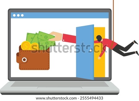 Computer hacker stealing money online, crime with burglar cracking internet, thief grabing wallet, computer hacker, Vector illustration design concept in flat style

