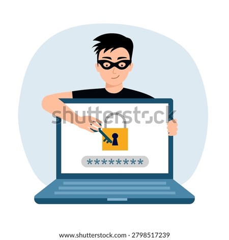 Computer hacker stealing money online, crime thief cracking internet in flat design. Cybercrime concept.