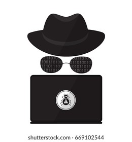 A computer hacker in sunglasses in a hat with a laptop. Virus Attack