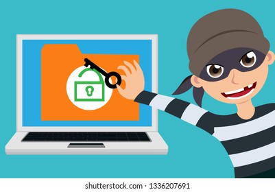 Computer hacker and thief vector character trying to hack and access login information and confidential files from unsecured laptop . Vector illustration.
