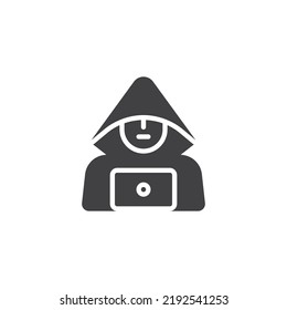 Computer hacker vector icon. filled flat sign for mobile concept and web design. Hacker and laptop glyph icon. Symbol, logo illustration. Vector graphics