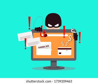 A computer hacker who steals money and personal data on the Internet. Web crime with password hacking. The concept of phishing, hacker attacks, online fraud and web protection. Vector illustration.