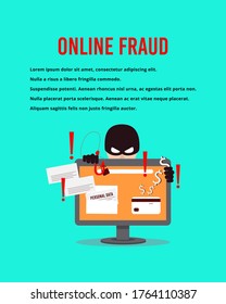 Un hacker informático que roba dinero y datos personales en Internet. El concepto de phishing, ataques de hackers, fraude en línea y protección web. Plantilla de póster. Ilustración vectorial.