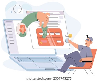Computer hacker who steals money and personal data on Internet. Web crime with password hacking. Concept of phishing, hacker attacks, online fraud and web protection. Cheating and cybercrime