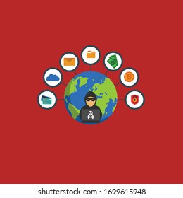 concepto de hackers informáticos - hackers informáticos y planeta tierra .Ilustración conceptual vectorial en diseño plano.Aislada en segundo plano.