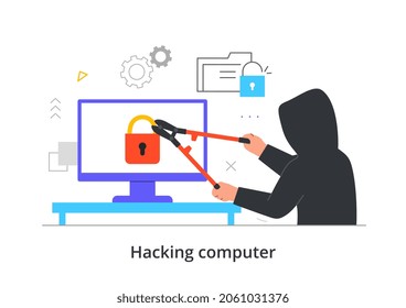 Computer hacking concept. Fraudster with tool opens lock on screen of digital device. Theft of data and money. Cyber crime. Cartoon modern flat vector illustration isolated on white background