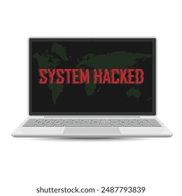 Concepto de piratería informática. Advertencia de error de sistema en portátil "Sistema hackeado". Alerta de emergencia de amenazas de malware, virus, troyanos, ransomware o hackers. Ilustración vectorial