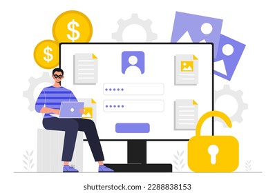 Computer hacking concept. Woman in mask with laptop sit on background of computer screen. Identity theft through viruses and Trojans. Security and safety on Internet. Cartoon flat vector illustration