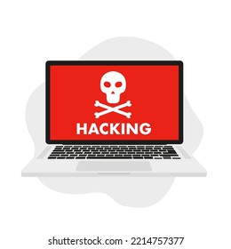 Computer Hacking Icon. System Error Warning On Laptop. Emergency Notification About The Threat Of Malware, Virus, Trojan, Ransomware Or Hacker. Creative Antivirus Concept. Vector Illustration