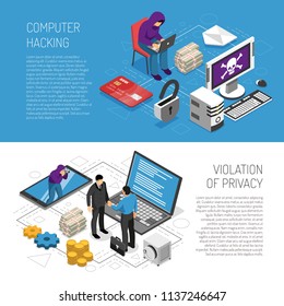 Computer hacking isometric horizontal banners set with hackers stealing personal information 3d isolated vector illustration