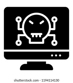 Computer hacking on a screen with the sign of  skull and connections