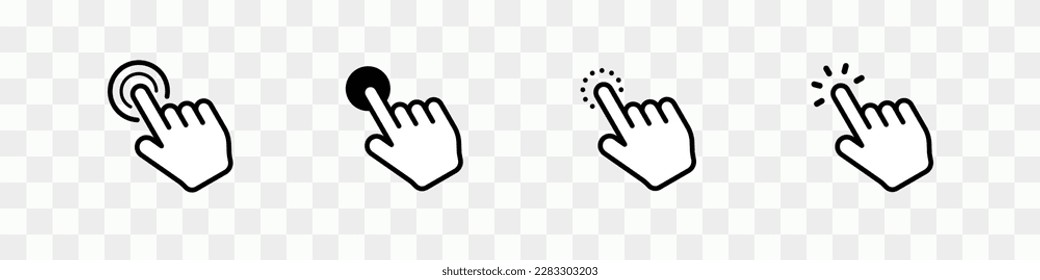 Conjunto de iconos del cursor de la mano del equipo. El ratón hace clic en los símbolos del cursor. Haga clic con la mano en el signo del ratón. Ilustración vectorial.