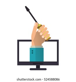 computer hand holds screwdriver under construction sign