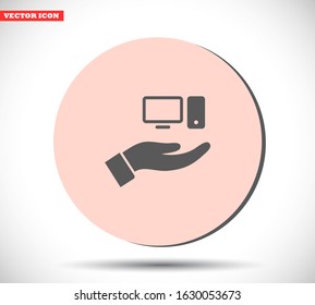 computer in hand icon , lorem ipsum Flat design
