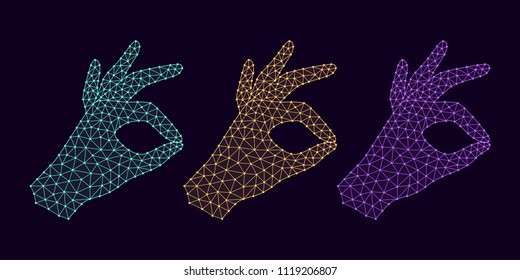 Computer Hand with line Connections, Plexuses and Knots. Vector illustration of Digital Hand Projection with gesture of Okay. Silhouette with Bold lines, outlines and knots