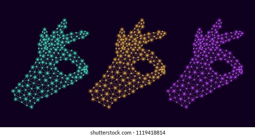 Computer Hand with line Connections, Plexuses and Knots. Vector illustration of Digital Hand Projection with gesture of Okay. Silhouette with Thin lines and Glowing knots