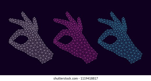 Computer Hand with line Connections, Plexuses and Knots. Vector illustration of Digital Hand Projection with gesture of Okay. Silhouette with Thin lines, outlines and knots