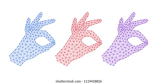 Computer Hand with line Connections, Plexuses and Knots. Vector illustration of Digital Hand Projection with gesture of Okay. Silhouette with Bold lines, outlines and knots