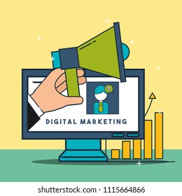 computer with hand megaphone voice digital marketing