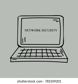 A computer hand painted. Business illustration with the inscription:network security