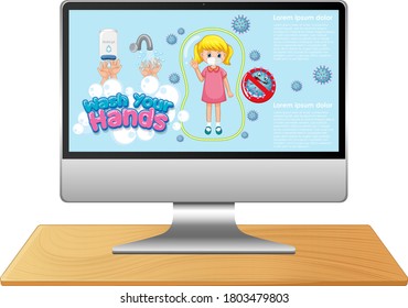 Computer with hand wash on screen illustration