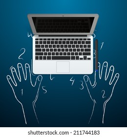 Computer with hands out of the chalk. Vector illustration