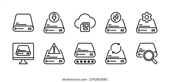 Computer hard disk drive technology thin line icon set. Containing save, data storage process, memory cloud, data transfer, setting, warning, password key, searching, process. Vector illustration