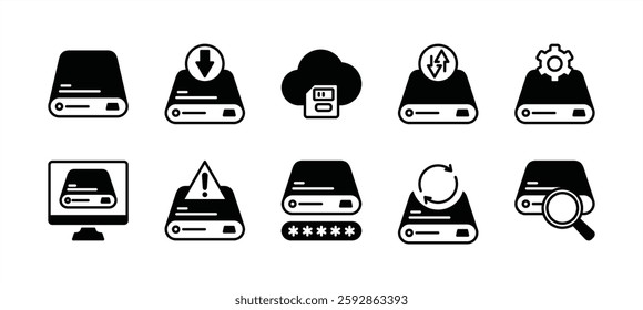 Computer hard disk drive technology icon vector set. Containing save, data storage process, memory cloud, data transfer, setting, warning, password key, searching, process, performance