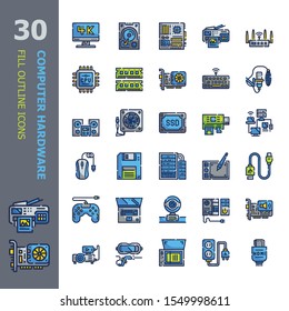 Computer hardware 30 Color Flat Outline icons set.Icon design for web design,mobile application,website and graphic design.
