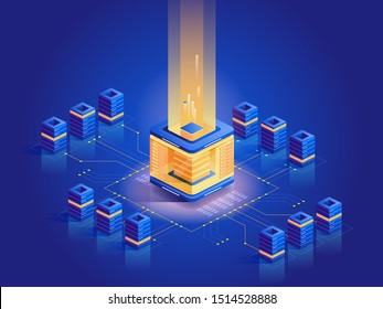 Computer hardware abstract isometric illustration. Microprocessor architecture, central processing unit. Microchip with air cooler and capacitors. PC processor, technical equipment dark blue concept