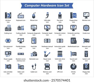 Computer Hardware Blue Icon Set, Vector icon Set