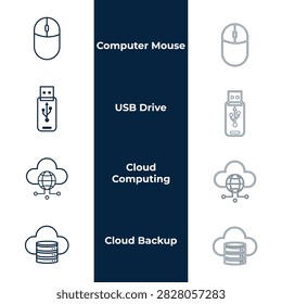 Computer hardware and cloud storage line vector icon set featuring wireless pc mouse, flash usb drive, network cloud computing globe, and cloud backup database server.