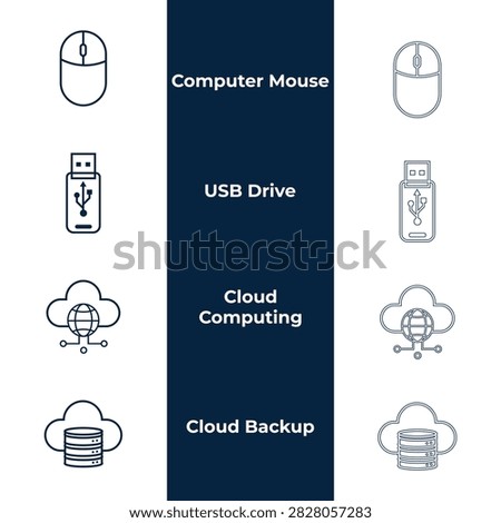 Computer hardware and cloud storage line vector icon set featuring wireless pc mouse, flash usb drive, network cloud computing globe, and cloud backup database server.