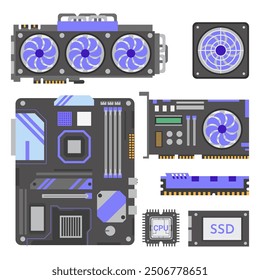 Computer hardware collection. Colorful flat vector illustrations set. Motherboard, network, audio and video card, processor, adapter. Processor cooler, power supply.